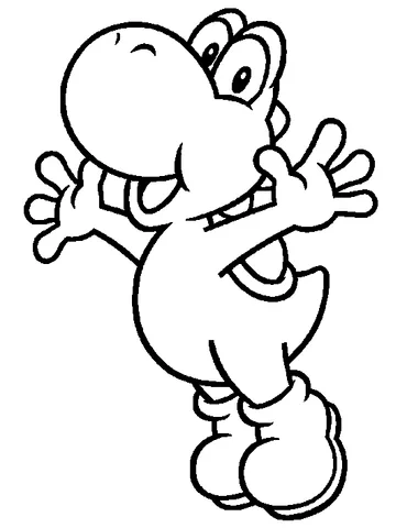 Desenho do Yoshi para colorir: Yoshi pulando alegremente com os braços abertos e um grande sorriso
