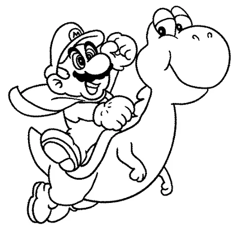 Desenho do Yoshi para colorir: Mario montado nas costas de Yoshi, ambos sorrindo e olhando para frente