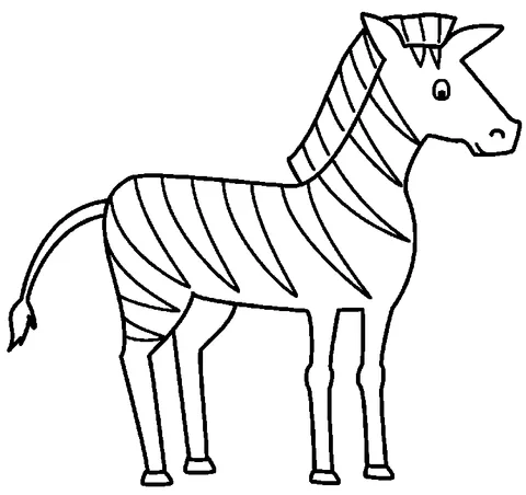 Ausmalbild Zebra: ein einfaches Cartoon-Zebra steht still und blickt nach rechts