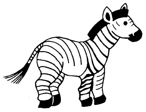 Ausmalbild Zebra: ein süßes Cartoon-Zebra mit schwarzen Hufen und Mähne, blickt nach rechts