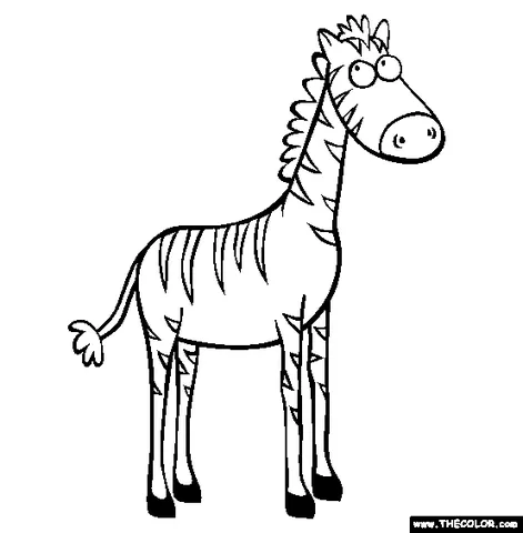 Ausmalbild Zebra: ein großes, dünnes Cartoon-Zebra mit großen Augen, blickt nach vorne