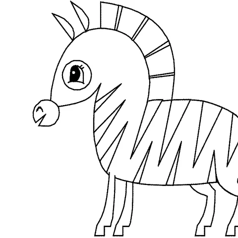 Ausmalbild Zebra: eine Nahaufnahme von Kopf und Körper eines lächelnden Cartoon-Zebras