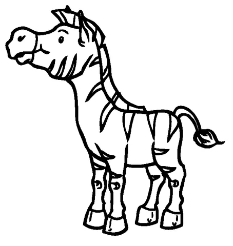 Ausmalbild Zebra: ein Cartoon-Zebra steht und schaut mit offenem Maul nach links