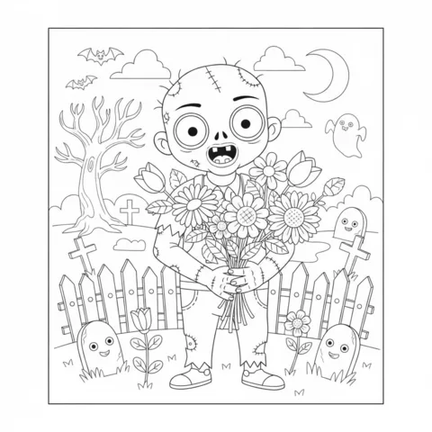 Dibujo de zombi para colorear: un lindo zombi sosteniendo un gran ramo de flores en un cementerio