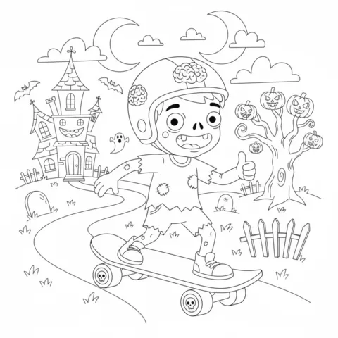 Dibujo de zombi para colorear: un zombi andando en patineta por un camino sinuoso, con el pulgar hacia arriba