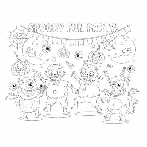 Dibujo de zombi para colorear: dos zombis y dos monstruos bailando en una fiesta espeluznante y divertida