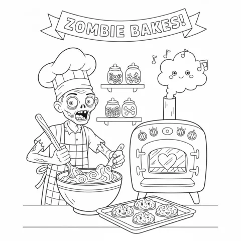 Dibujo de zombi para colorear: un chef zombi horneando galletas con forma de cerebro en una cocina