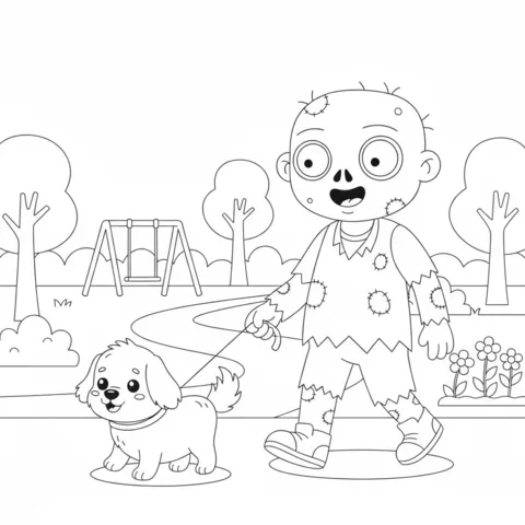 Dibujo de zombi para colorear: un zombi amigable paseando a un lindo cachorro con correa en un parque