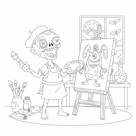 Dibujo de zombi para colorear: un artista zombi pintando un monstruo en un caballete en un estudio